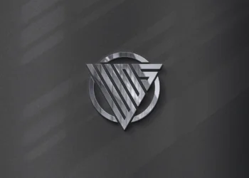 Professional chrome 3D logo effect on executive dark interior office wall.