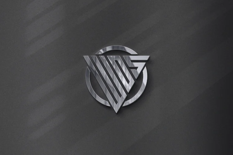 Professional chrome 3D logo effect on executive dark interior office wall.