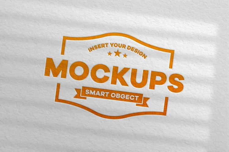 Realistic embossed logo mockup on white textured paper with natural shadows, high-quality PSD template.