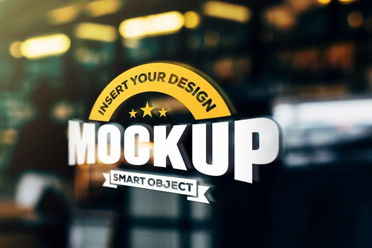 Realistic 3D shop window logo mockup on a glass storefront with bokeh city lights background, high-resolution free PSD template.